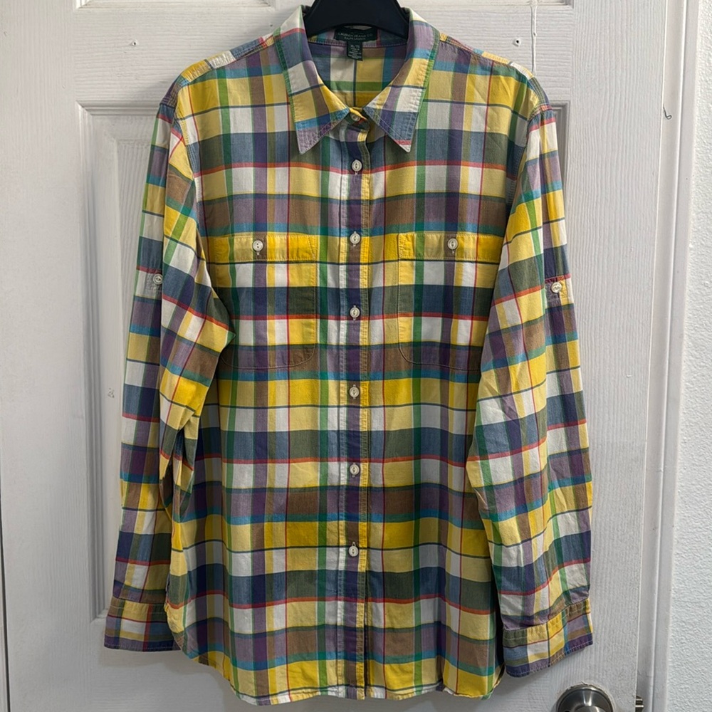 Vintage Ralph Lauren 100% Cotton Yellow and Green Shirt Long Sleeve For Women XL